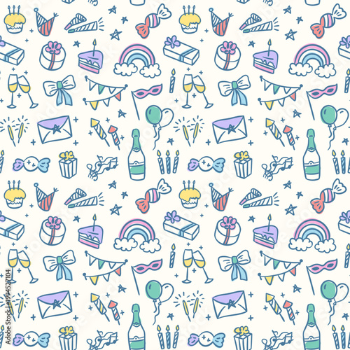 Happy Birthday Party Color Symbols Seamless Pattern Background Hand Drawn Doodle Style on a White. Vector illustration