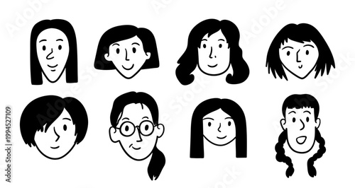 Happy Women Diversity Avatars Thin Line Set Hand Drawn Doodle Style. Vector illustration of Girl Character Person