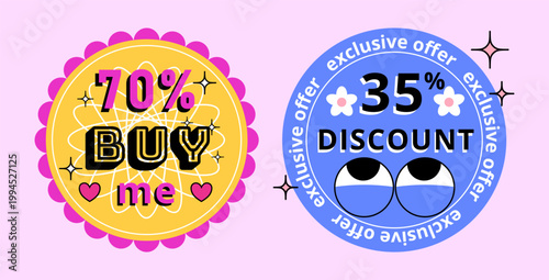 Cartoon Color Different Psychedelic Sale Sticker Set Concept Flat Design Style. Vector illustration of Discount Seventy and Thirty Five Percent Stickers Labels Badges Signs