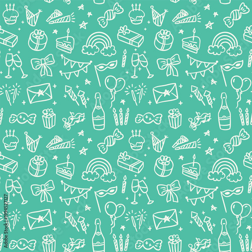 Happy Birthday Party Symbols Seamless Pattern Background Hand Drawn Doodle Style on a Green. Vector illustration