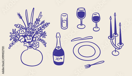 Romantic Dinner Elements Set Black Thin Line Hand Drawn Doodle Style. Vector illustration of Vase with Flowers, Bottle and Plate