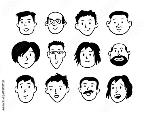 Happy Men Diversity Avatars Thin Line Set Hand Drawn Doodle Style. Vector illustration of Boy Character Person