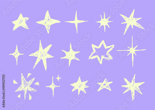 Yellow Shine Sparkle Elements Symbols Thin Line Set Hand Drawn Doodle Style. Vector illustration of Glowing Light