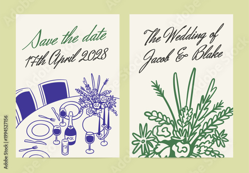 Romantic Dinner Party or Wedding Concept Poster Card Invitation Hand Drawn Doodle Style. Vector illustration of Invitations
