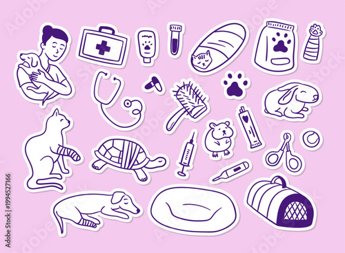 Veterinary Clinic Elements Sticker Set Thin Line Set Hand Drawn Doodle Style. Vector illustration of Injection and Bandage
