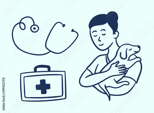 Veterinarian with Pet Veterinary Clinic Concept Thin Line Set Hand Drawn Doodle Style. Vector illustration of First Aid Kit