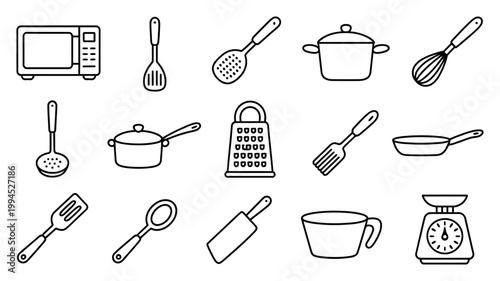Collection of fifteen kitchen appliance and cooking tool line art icons for culinary websites and restaurant menu design elements in a simple minimalist style