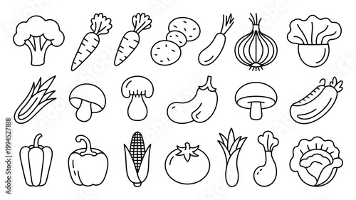Fresh vegetable and organic produce line art icons set for healthy lifestyle branding and grocery store design elements featuring clean minimalist outlines
