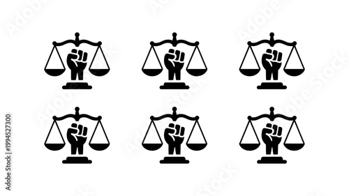Six black and white icons of scales of justice with a raised fist symbol