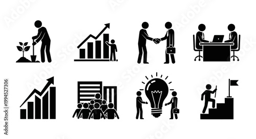 Business growth and success icons: teamwork, investment, strategy, and achievement