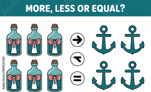 Educational math comparison illustration with teal bottles and anchors teaching more less or equal concept in simple vector design