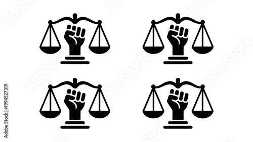 Four black and white icons of scales of justice with a raised fist symbol
