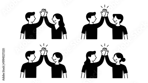 Collection of four stylized black vector illustrations of diverse pairs of people giving high fives