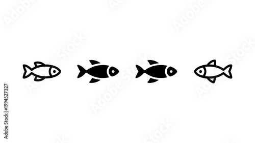 Four minimalist black vector icons showing fish silhouettes of increasing size from left to right