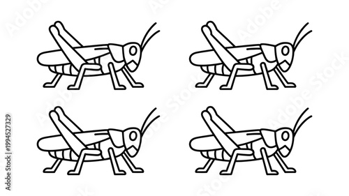 Four simple black and white line art illustrations of grasshoppers arranged in a grid