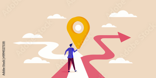 A man stands before a winding road and a location marker