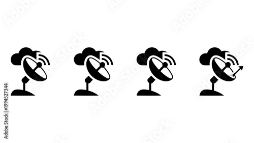 Group of four simple black vector icons representing satellite dishes with radiating signals and cloud symbols