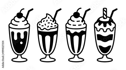 Set of four stylized black and white vector illustrations of delicious milkshakes with cherries and straws