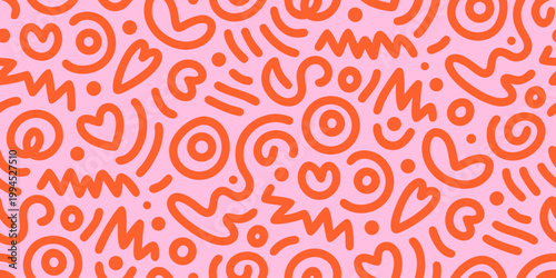 Playful abstract pattern with orange doodles on a pink background