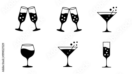 Six black silhouette cocktail glasses including martini and champagne flutes