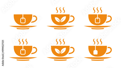 Six orange tea cup icons with steam and tea bags on white background vector graphic collection