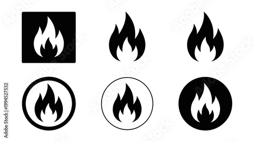 Six black silhouette flame icons including square circle and simple shapes