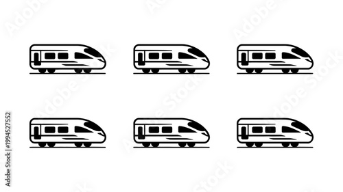 Six black silhouette modern high-speed trains on white background simple vector graphic set