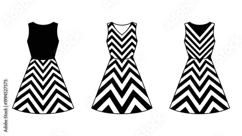 Three black and white chevron pattern dresses vector illustration