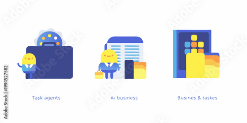 Stylized illustration of three cartoon characters representing ai tasks