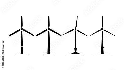 Set of four black silhouette wind turbines with different bases, wind turbine