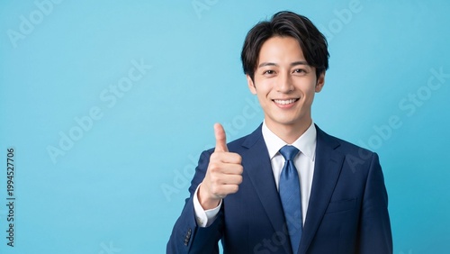 ブルー背景で親指を立てて微笑む日本人ビジネスマンのポートレート。信頼感と好印象を伝える、成功、承認、推薦、サポート、採用、営業、サービス案内、企業広告向けの人物素材