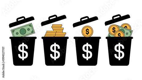 Four trash can icons with dollar bills coins and gold bars symbolizing financial waste