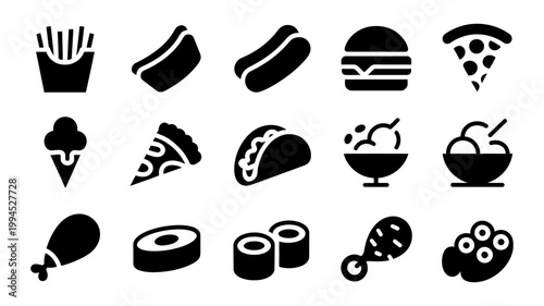 Fast food icons set: pizza burger fries ice cream taco sushi chicken leg