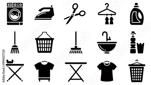 Collection of black silhouette icons for laundry and cleaning tasks