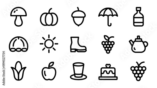 Seasonal and autumnal icons: mushroom pumpkin acorn umbrella bottle grapes cake