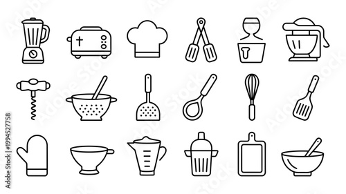 Kitchen utensil icons: blender toaster chef hat spatulas whisk mixer corkscrew