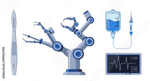 Robotic surgical arm and medical equipment icons on white background