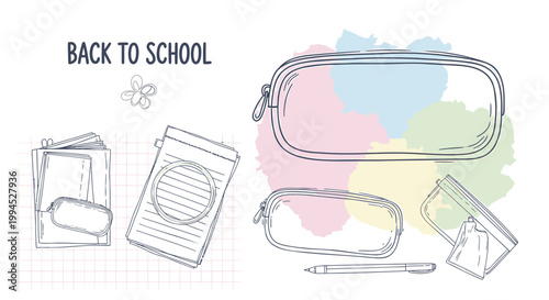 Back to school, stationery set, pencil case, school supplies, vector icons
