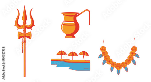 Sacred Hindu symbols including Trishul kamandalu and river ghat