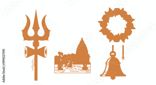 Saffron Hindu religious symbols with trishula temple bell and garland