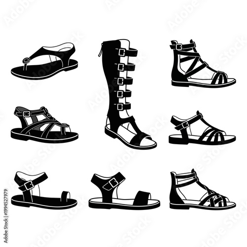 Collection of Black and White Sandals: Gladiator, Flip-Flop, and Strappy Styles