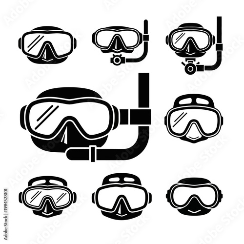 Collection of Black Snorkel Masks and Goggles Icons for Diving and Swimming