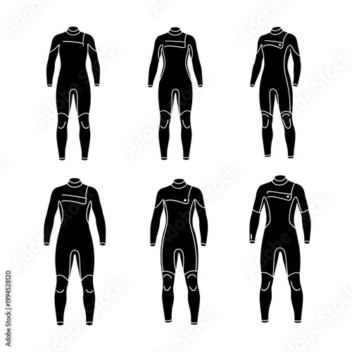 Collection of Black Wetsuit Silhouettes for Water Sports and Diving