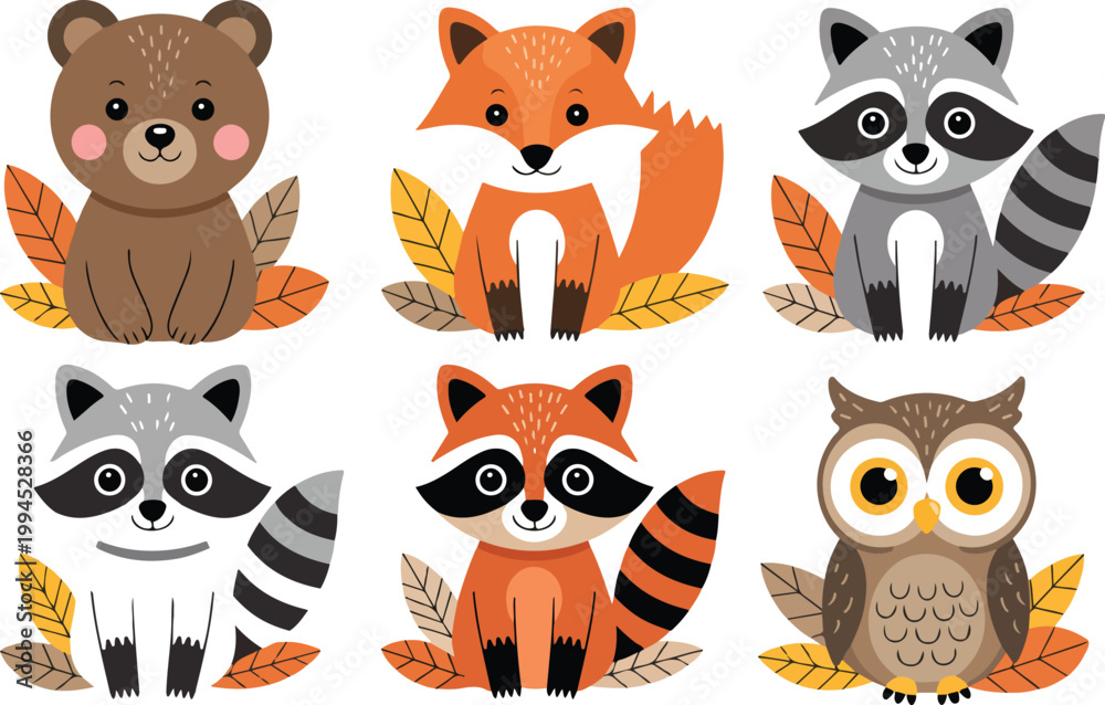 Fototapeta premium Cute cartoon woodland animal illustration set of six bears foxes raccoons and owl with autumn leaves in grid layout