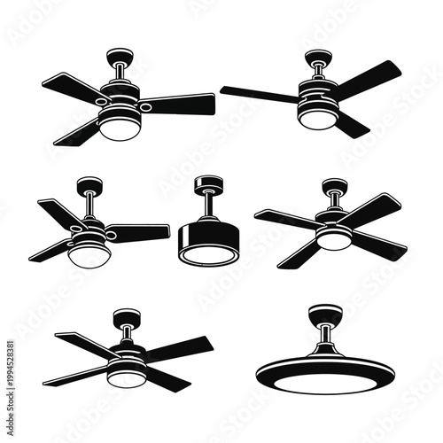 Collection of modern ceiling fans with lights, black silhouettes on white background