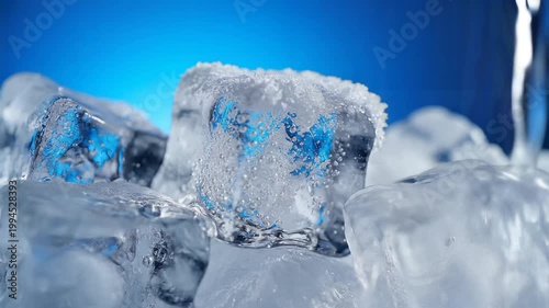 Close up of ice cubes with water pouring on them.