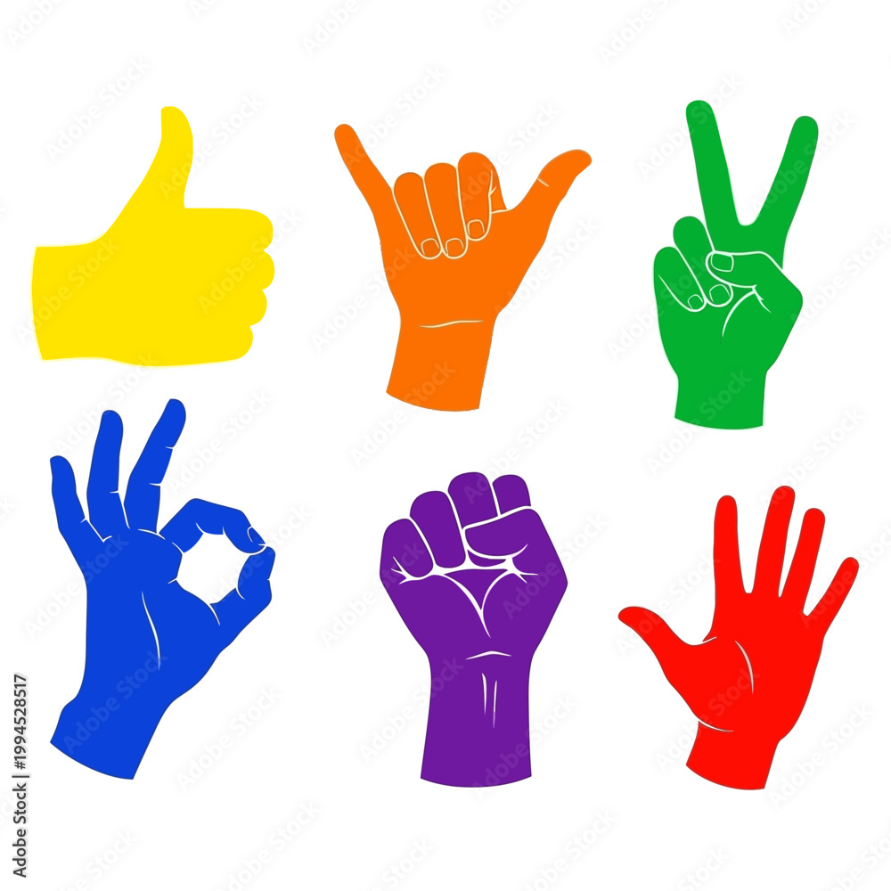 Fototapeta premium Colorful Hand Gestures Icons: Thumbs Up, OK, Peace, Shaka, Fist, Open Palm