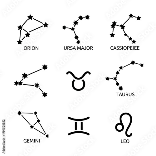 Constellation and Zodiac Symbols: Orion, Ursa Major, Cassiopeia, Taurus, Gemini, Leo