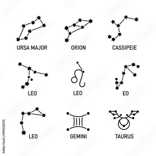 Constellation Star Patterns: Ursa Major, Orion, Cassiopeia, Leo, Gemini, Taurus