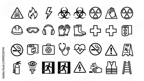 Safety and hazard warning icons including fire electricity radiation biohazard hard hat goggles headphones gloves boots medical symbols with first aid no smoking fire extinguisher eye protection
